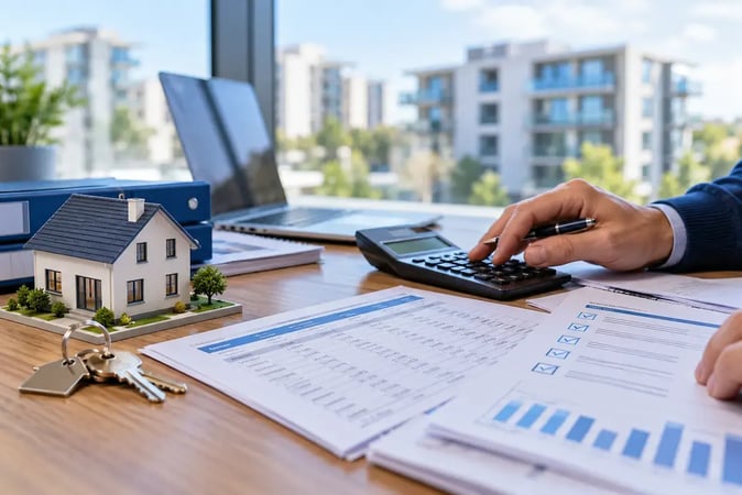Accountant using a calculator next to a house model, keys and a ticked month-end checklist